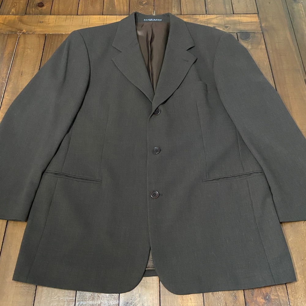 VTG Hugo Boss Blazer Mens 46R Pure Virgin Wool Jacket Made In USA Brown Olive